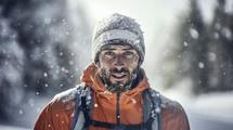 Determined winter explorer with frosty beard and snow-covered hat.