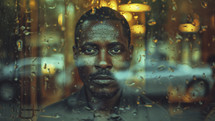 Evocative portrait of an African American man, his gaze piercing through a raindrop-covered window pane against a blurred city backdrop.