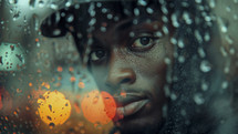 Captivating close-up of an African American man looking through a rain-soaked window, city lights creating a warm bokeh effect.