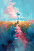 Abstract impressionistic painting of a cross on a colorful path, evoking the journey to Calvary.