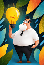 Cartoon character with glasses and a white beard, holding a large lightbulb, surrounded by colorful leaves on a dark background, symbolizing a business idea.