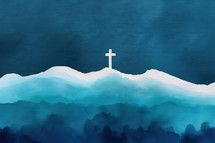 White cross on a hill with a serene blue gradient background, representing Christian faith, hope, and spiritual reflection in a peaceful, minimalist design.