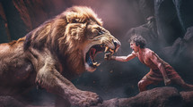 Colorful painting portrait art of the biblical young David fighting a lion. Christian illustration.