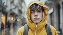 Thoughtful young man in a yellow raincoat, contemplative in a rainy city.