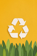 Illustration of a white recycling symbol on a vibrant yellow background with green leaves at the bottom. Perfect for promoting recycling, sustainability, and environmental awareness.