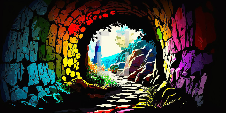 Abstract painting concept. Colorful art ofa path way through a tunnel.