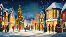A festive city scene on Christmas with snow-covered streets and decorated houses, people shopping and children playing.