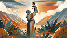 Illustration of Abraham and Isaac, Biblical story, warm tones.
