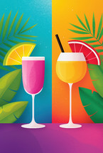 Vibrant illustration of two colorful cocktails against a tropical backdrop. One drink is pink with an orange slice, and the other is yellow with a grapefruit slice, surrounded by lush green leaves.