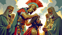 Illustration of Jesus with crown of thorns, Roman soldiers, vibrant style.