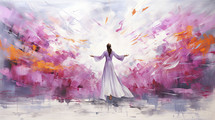 Angel in heaven raises his hands to worship and praise God. Christian illustration. 