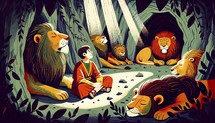 Colorful illustration capturing the tranquil moment of Daniel sitting peacefully amongst several serene lions in a den, a representation of the biblical narrative.