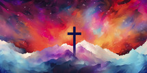 Colorful painting art of an abstract background with cross. Christian illustration.