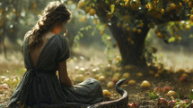 An atmospheric portrayal of Eve in the Garden of Eden, gazing contemplatively at the serpent amidst fallen apples.