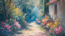 Captivating vintage painting capturing a serene path lined with a riot of colorful flowers, leading to a quaint house shrouded in lush foliage under a filtered sunlight.