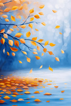 Golden autumn leaves falling gently onto a serene blue water surface, creating a tranquil and picturesque scene.