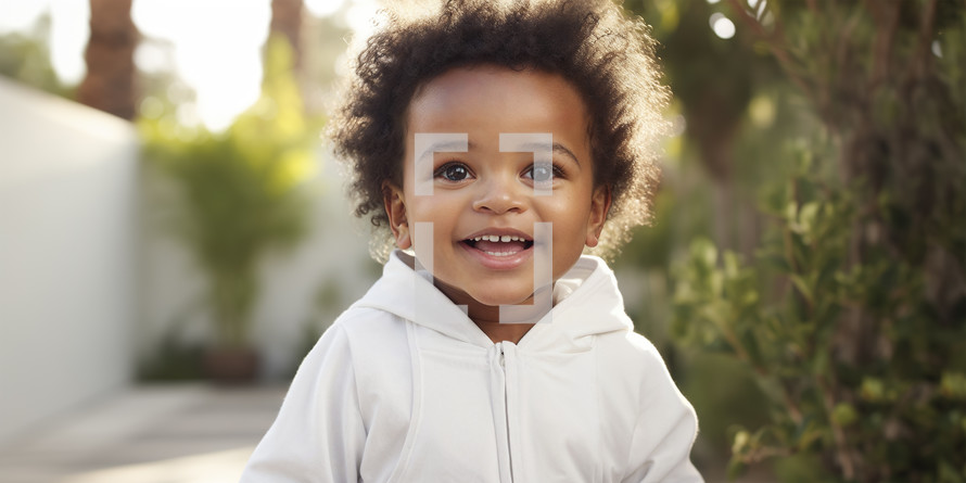 Charming Afro-American toddler with a beaming smile in a white hoodie, outdoor setting.