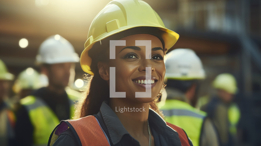 Portrait of a professional young female industry engineer or worker wearing a safety uniform and a hard hat.
