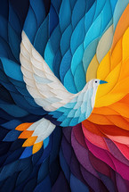 A vibrant depiction of a white dove, symbolizing the Holy Spirit, soaring amidst layered patterns of blue, yellow, and orange hues.