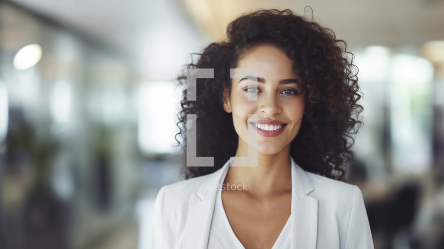 Cheerful young businesswoman with curly hair in office.