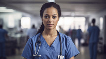 Serious female nurse in scrubs with hospital staff in the background.