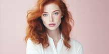 Portrait of a young woman with striking red hair and blue eyes against a pink background.