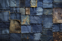 A richly textured patchwork of varying shades of blue denim with frayed edges and worn-out sections, forming a distinctive abstract wall art.