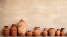 A row of clay antique vases. Background design in beautiful Terracotta color. 