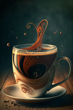 Colorful painting art of a cup of coffee with coffee beans. AI illustration.