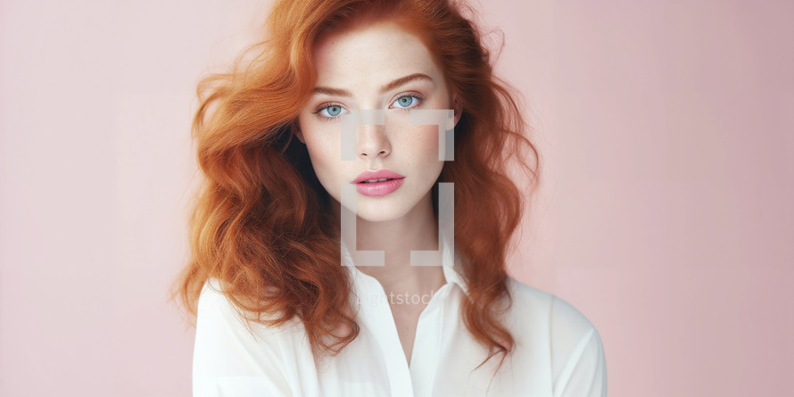 Portrait of a young woman with striking red hair and blue eyes against a pink background.