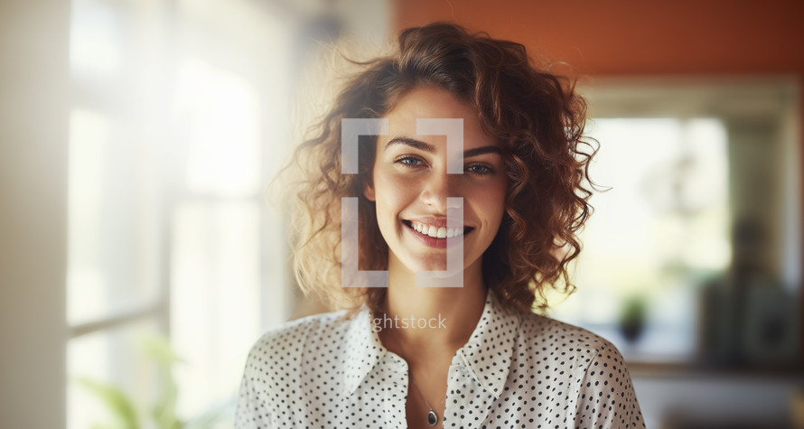 Happy young woman with curly hair and a polka dot shirt smiling warmly, indoor setting with natural light.