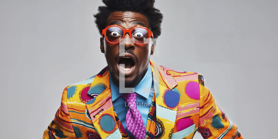 Expressive young man in colorful African attire and red glasses making a surprised face on a grey background.
