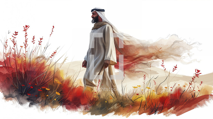 Artistic depiction of Abraham walking confidently through a field, symbolizing leadership and faith.