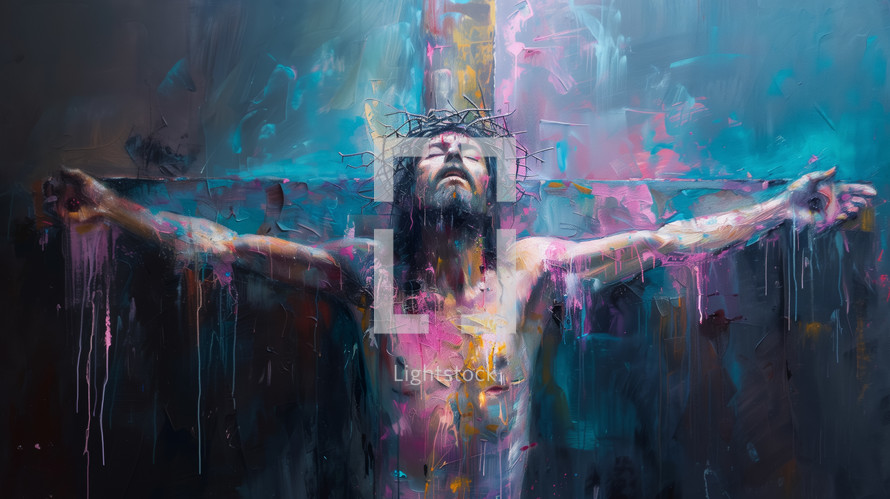 A vivid and emotional depiction of Jesus on the cross with a crown of thorns in an abstract, expressive painting.