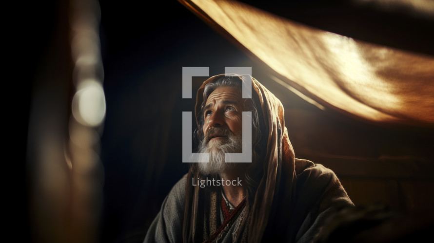 Portrait of biblical old man listening to the voice of God. Christian illustration.