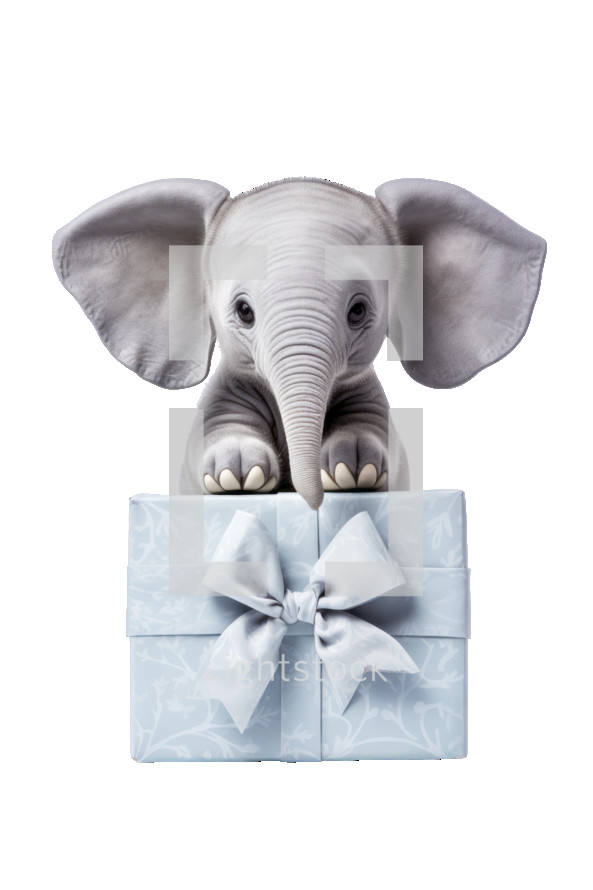 Cuddly toy elephant with gift box.