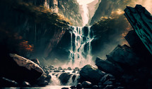 Abstract art. Colorful painting art of a waterfall in the mountains. Background illustration.