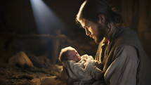 Portrait of Joseph with baby Jesus in his arms. Nativity of Jesus. Christmas concept.