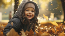 Portrait of young joyful girl having fun throwing leaves in autumn.