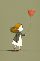 Abstract painting concept. Colorful art in kids style. Young girl walking with a balloon in form of a heart shape.