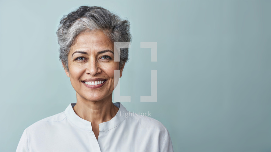 Confident mature woman with gray hair smiling.