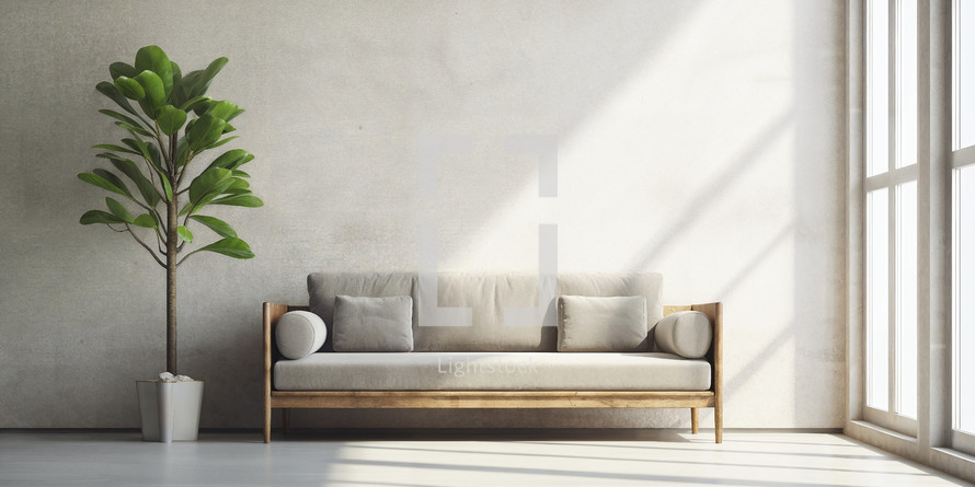Modern minimalist interior with a sleek sofa and a vibrant indoor plant by a large window.