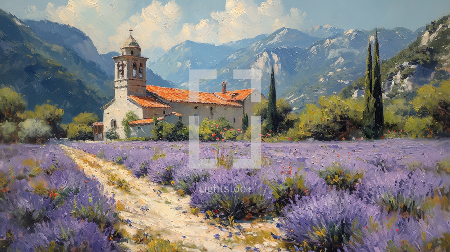 Idyllic vintage painting of a small chapel amidst a vibrant lavender field, with lush trees and towering mountains in the backdrop.