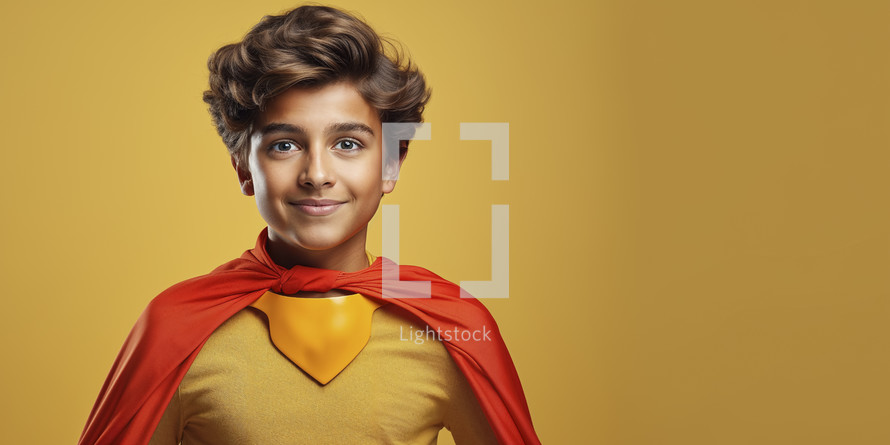 Confident young boy dressed as a superhero with a cape and emblem, smiling against a yellow background.