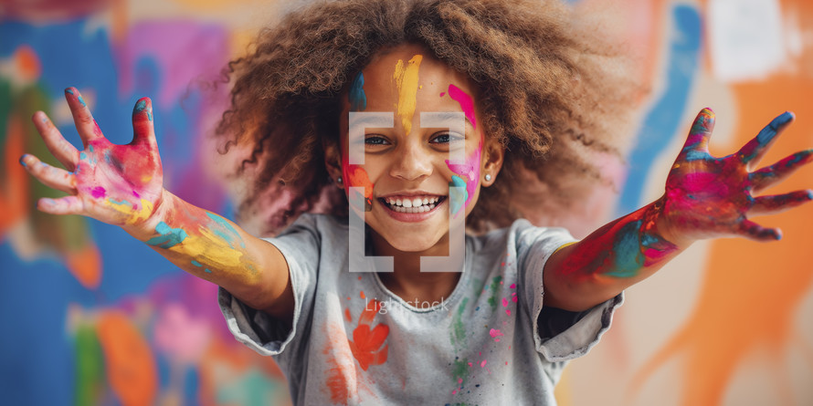 Smiling young girl with vibrant paint splatters on her face and hands, showcasing creative joy.