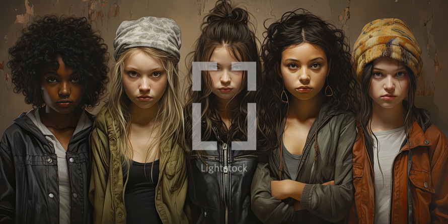 Painting portrait of a group of young displeased teenagers.
