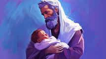 Colorful painting art portrait of a father holding his son in his arms. Abraham and Isaac. Joseph and Jesus. Blue purple background.