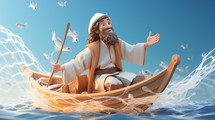3D character of biblical happy Peter praising God for the good fishing. New testament concept.