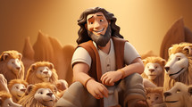 3D character of biblical Daniel in the lion's den. Old testament concept.