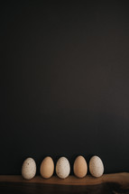 speckled eggs against a black background 
